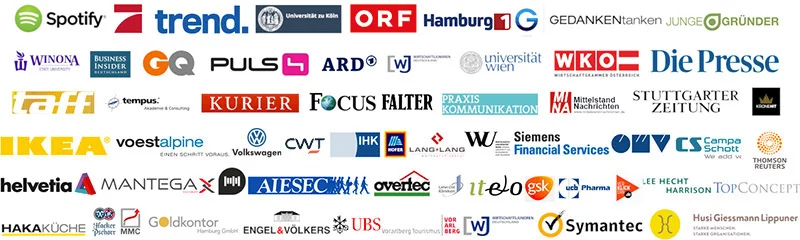 Referenzen aus der Arbeit des Teams, unter anderem IKEA, Volkswagen, Siemens Financial Services, UBS, ORF und Spotify